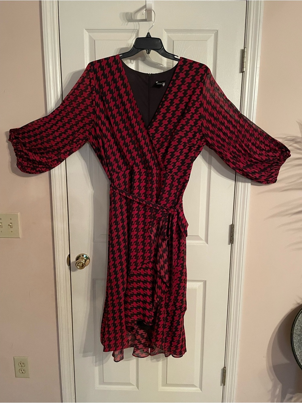 Maison Tara Red and Black Houndstooth Wrap Dress